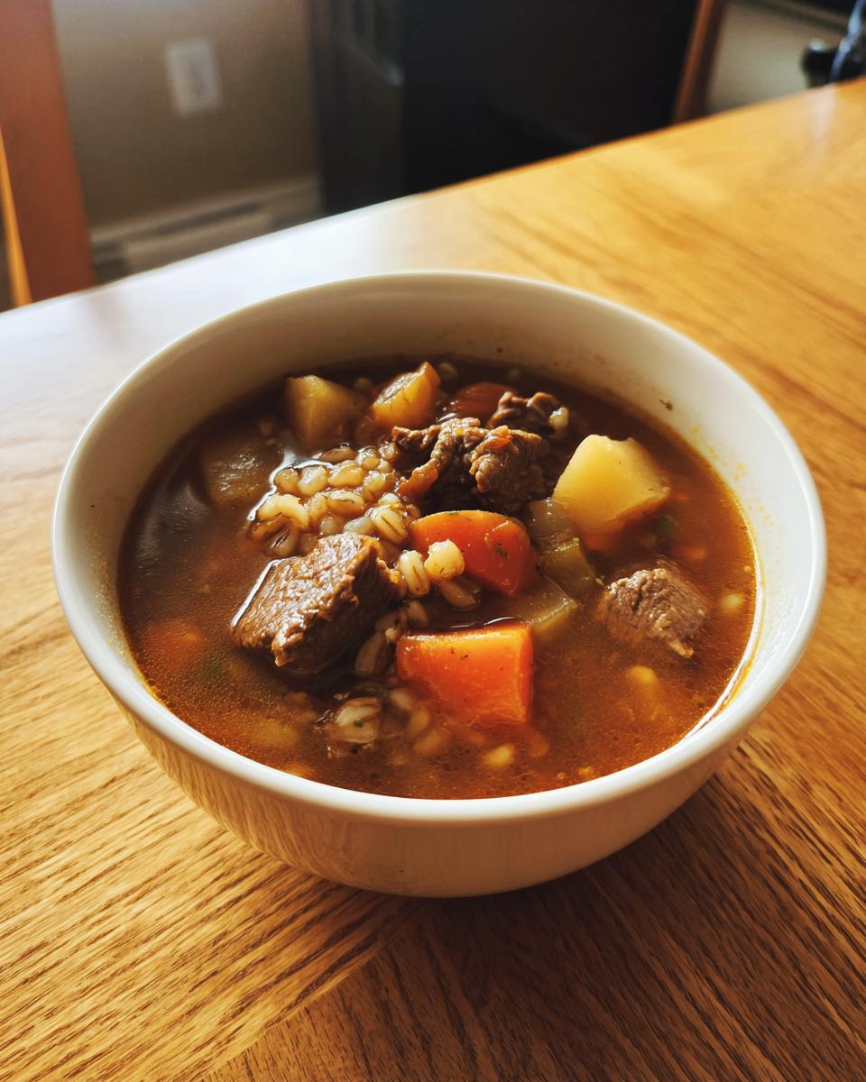 A close-up of a white bowl filled with rich, steaming beef barley soup containing chunks of beef, carrots, potatoes, and barley.