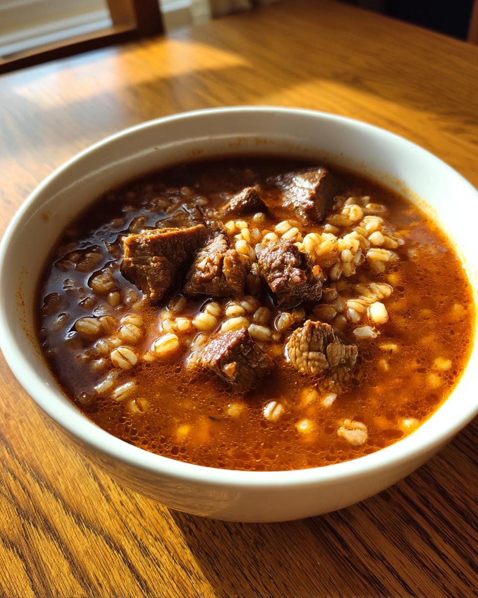 Close-up of a white bowl filled with rich, savory beef barley soup, featuring chunks of beef and plump barley grains.