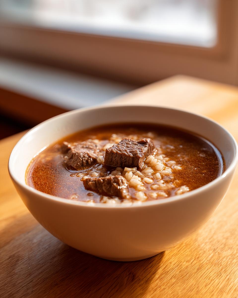 Close-up of a bowl of rich beef barley soup with tender chunks of beef and plump barley grains.