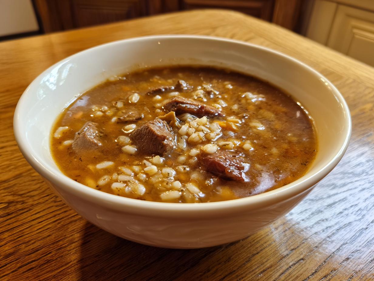 Close-up of a white bowl filled with rich, brown beef barley soup, featuring chunks of beef and plump barley grains.