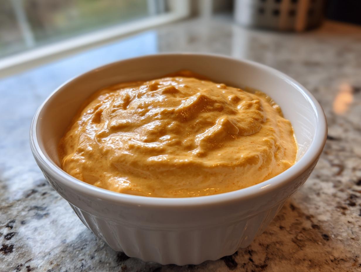 Close-up of thick, creamy orange beer cheese dip served in a small white fluted ramekin.