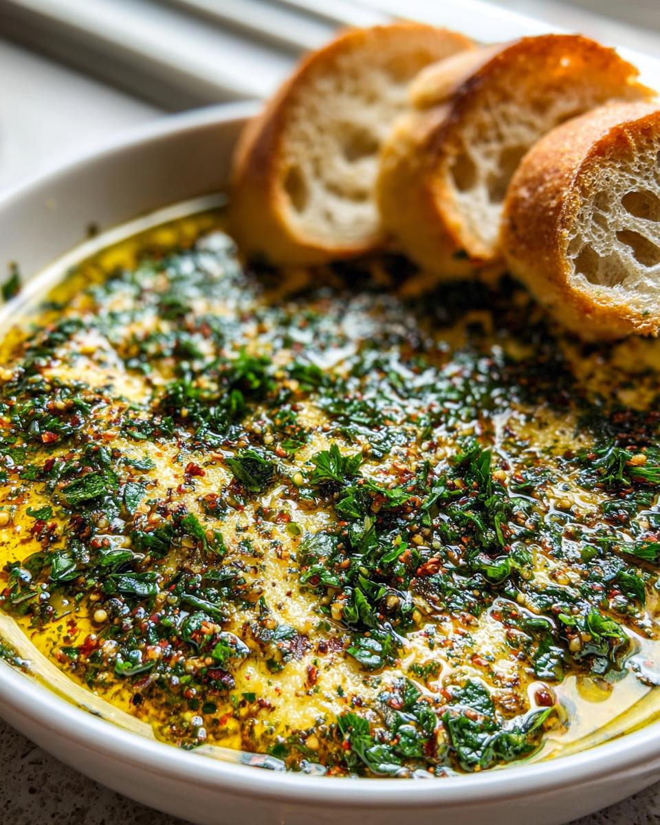Close-up of a rich, herby bread dip swimming in olive oil, served with slices of crusty bread for dipping.