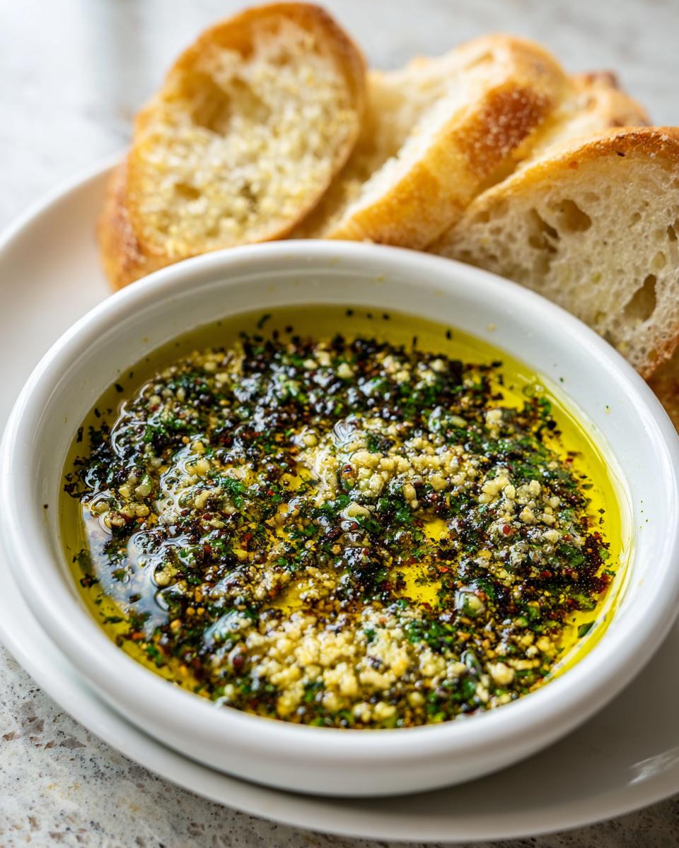 Close-up of a flavorful olive oil bread dip seasoned with herbs and spices, served with toasted baguette slices.