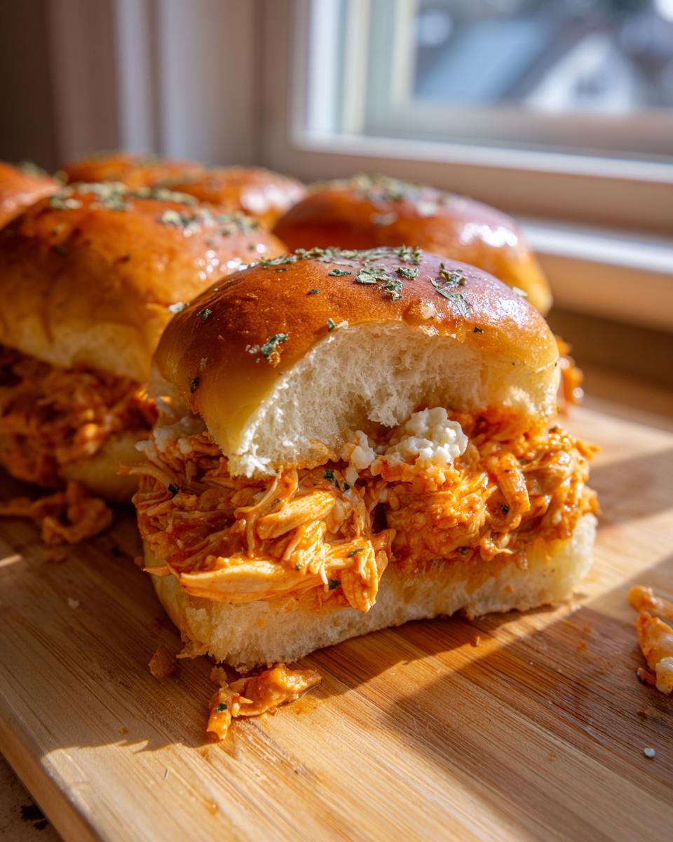 A close-up of one of the amazing buffalo chicken sliders, showing shredded chicken filling and blue cheese crumbles on a brioche bun.