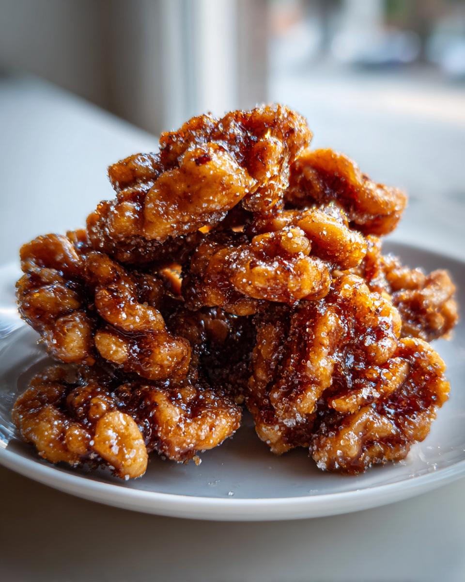 A close-up shot of a small pile of freshly made candied walnuts coated in a glossy, sugary glaze.