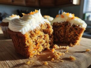 Close-up of amazing carrot cake muffins cut in half showing moist texture, cream cheese frosting, and carrot shreds.