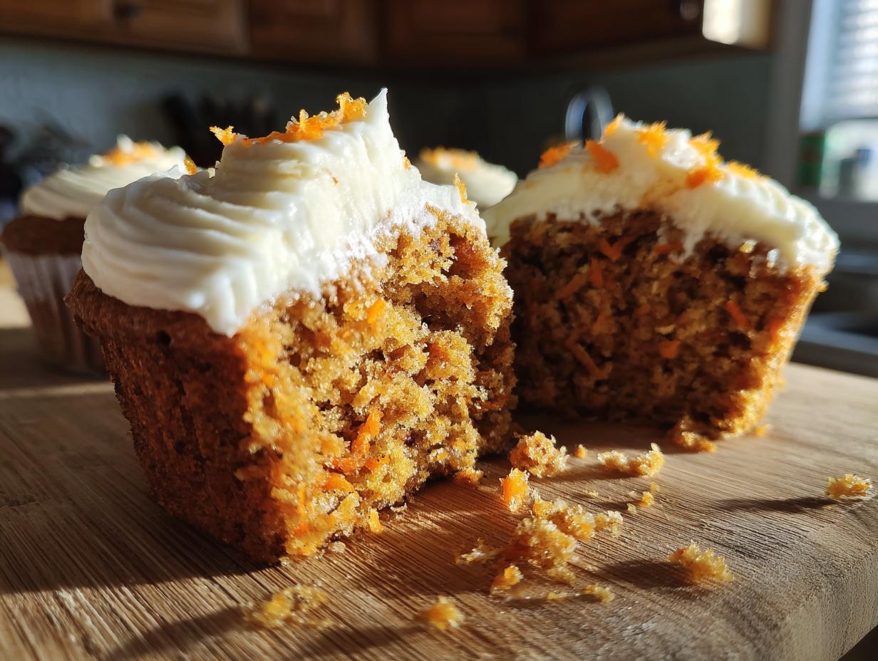 Close-up of amazing carrot cake muffins cut in half showing moist texture, cream cheese frosting, and carrot shreds.