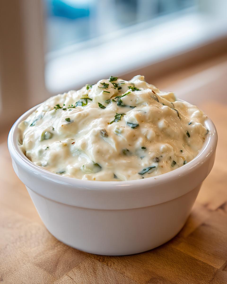 A thick, creamy cheese dip served in a white bowl, garnished with chopped green herbs.