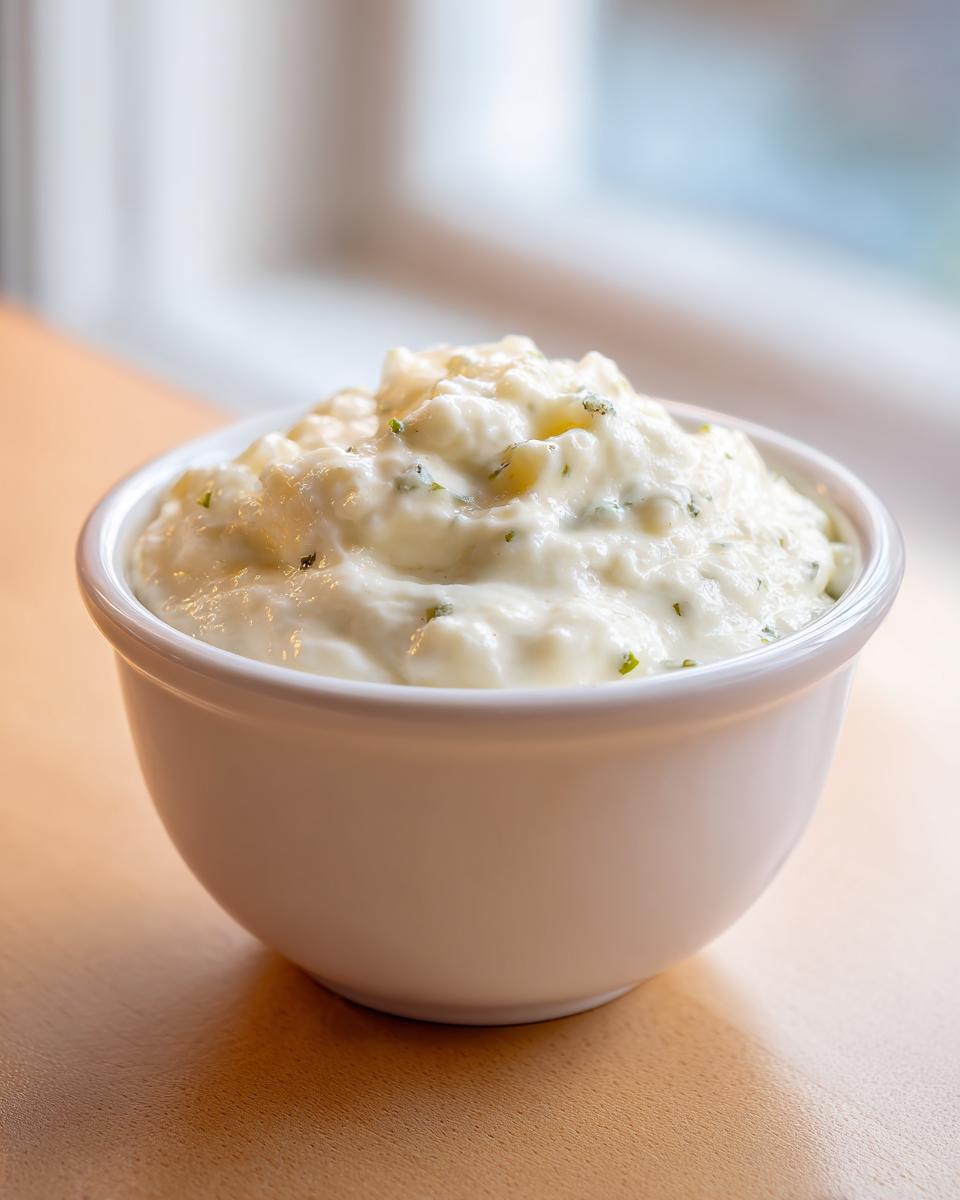 A close-up of a thick, creamy white cheese dip with flecks of green herbs served in a small white bowl.