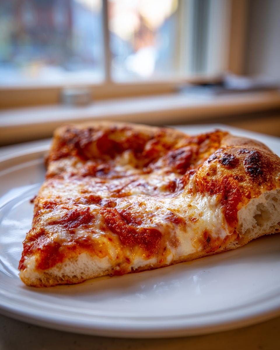 A close-up of one perfect slice of cheese pizza with melted mozzarella and rich tomato sauce on a white plate.