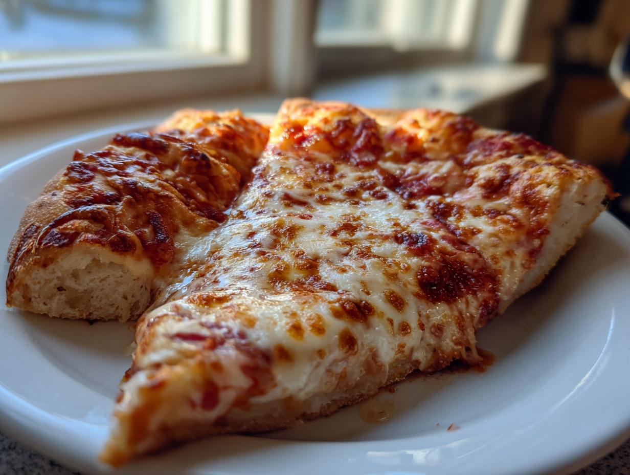Two slices of amazing cheese pizza with melted, bubbly cheese served on a white plate near a window.