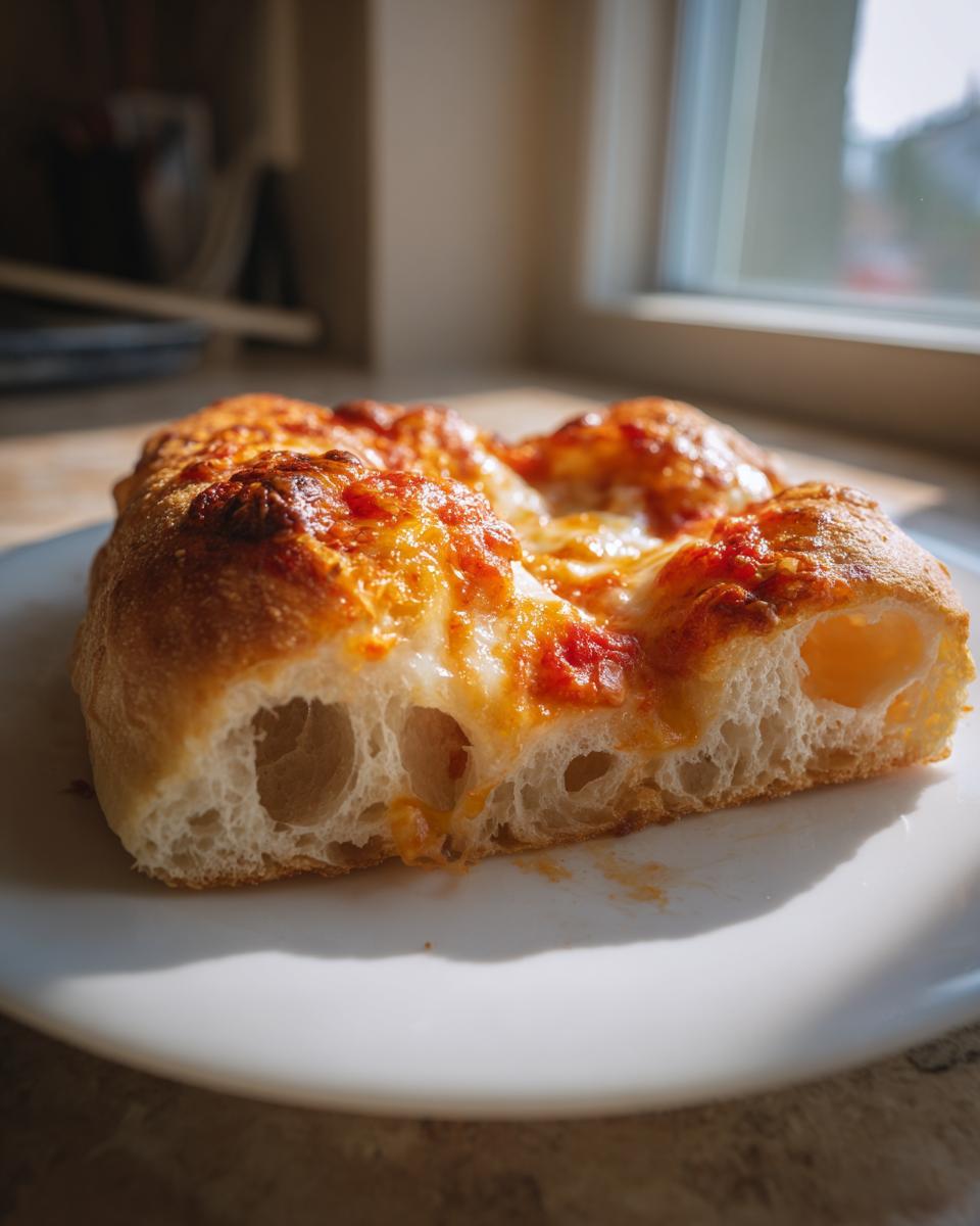 Close-up of a thick slice of amazing cheese pizza showing the airy, bubbly crust and melted cheese.
