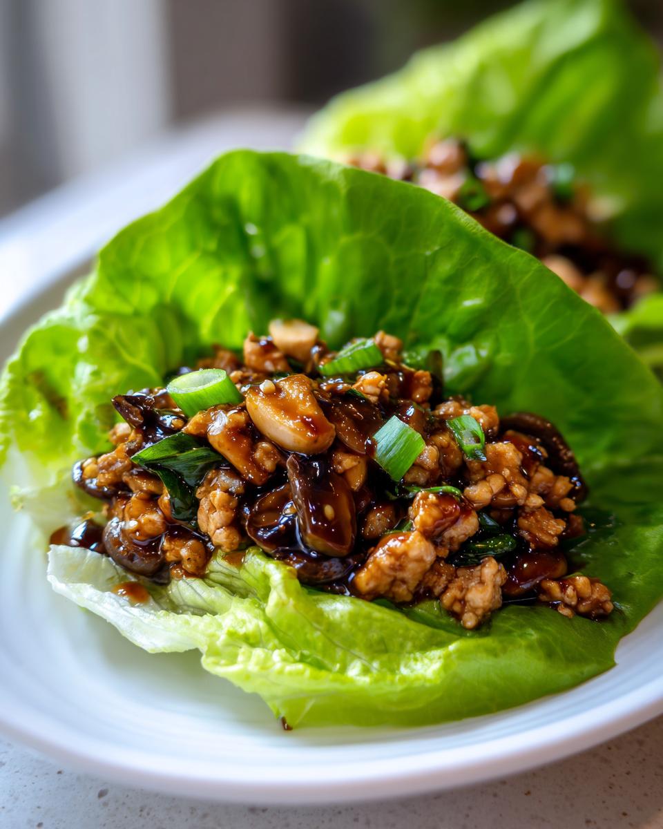 A close-up of a single serving of chicken lettuce wraps, featuring savory ground chicken mixture with mushrooms and peanuts in a crisp lettuce cup.