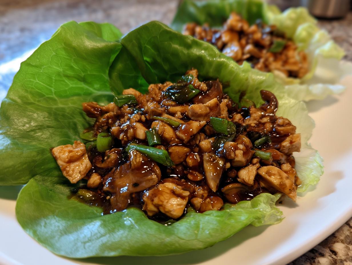 A close-up of savory, saucy chicken lettuce wraps filling served in crisp butter lettuce cups.