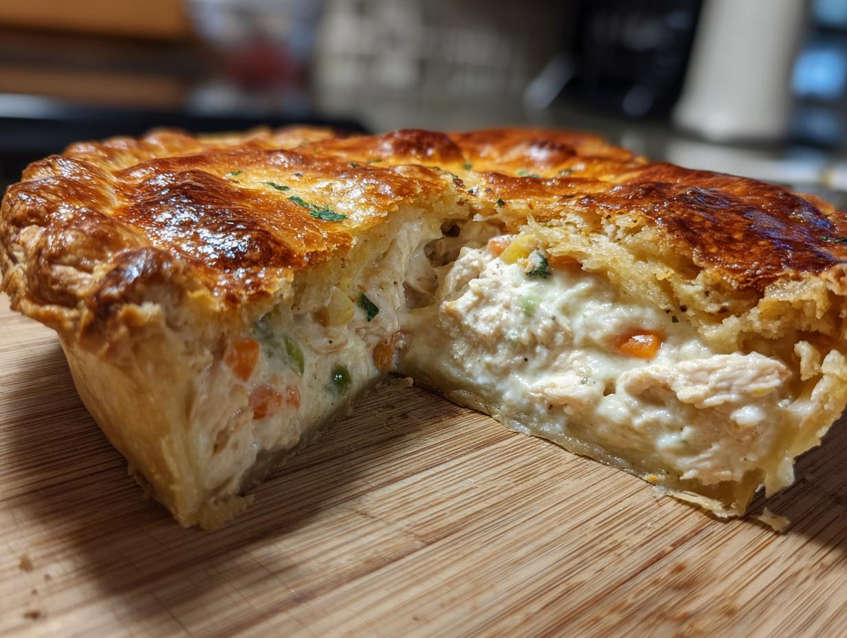 A cross-section of an amazing chicken pot pie showing creamy filling, chicken, and vegetables inside a golden, flaky crust.