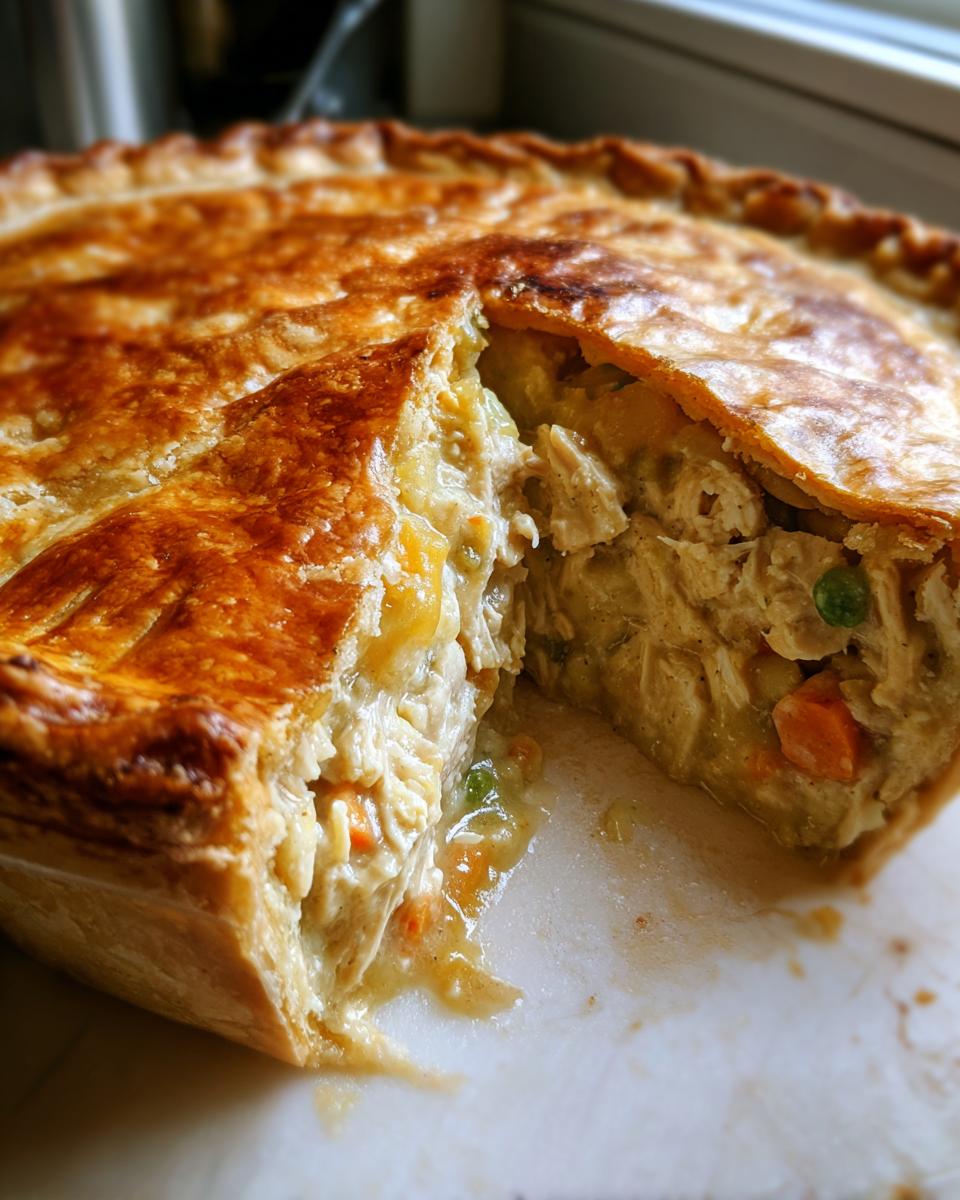 Close-up of a freshly baked chicken pot pie with a slice removed, showing creamy filling and flaky crust.