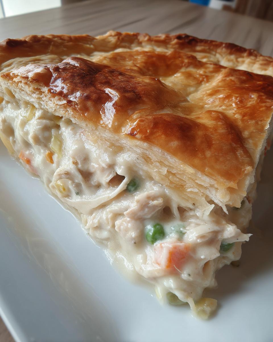 Close-up of a slice of chicken pot pie showing flaky golden crust and creamy filling with chicken and vegetables.