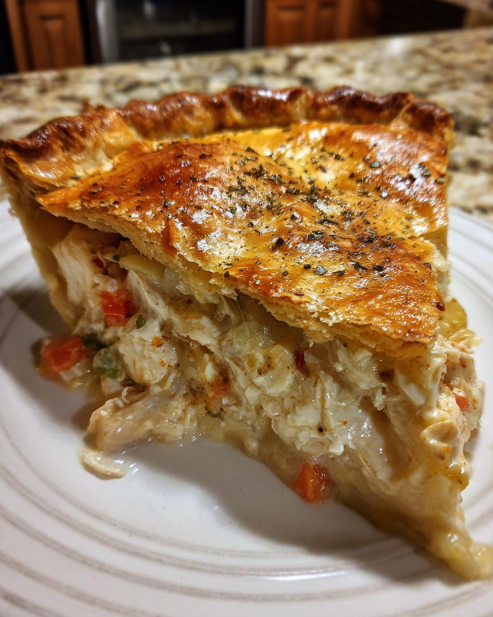A generous slice of amazing chicken pot pie showing creamy filling and golden, flaky crust.