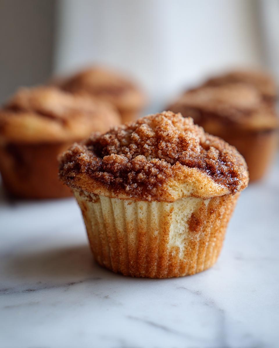 A close-up, focused shot of one amazing coffee cake muffin featuring a thick, crumbly cinnamon streusel topping.