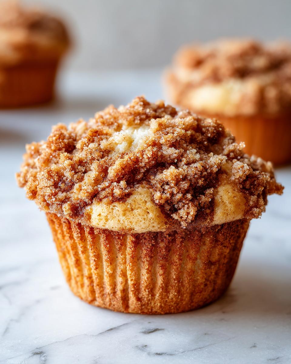 A close-up of one amazing coffee cake muffin topped generously with brown sugar cinnamon streusel.