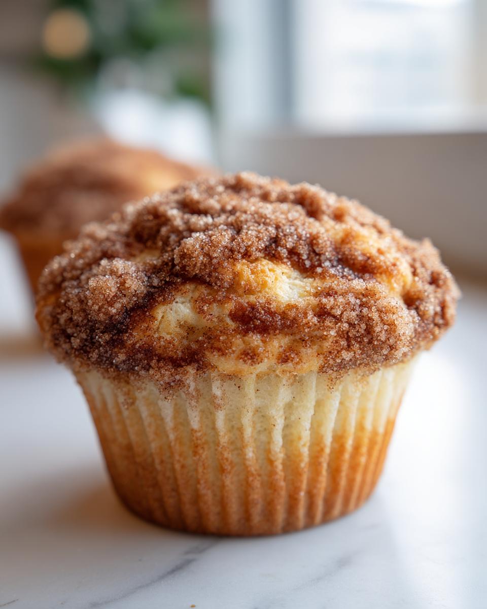 A close-up shot of an amazing coffee cake muffin topped with a thick, sugary cinnamon streusel topping.