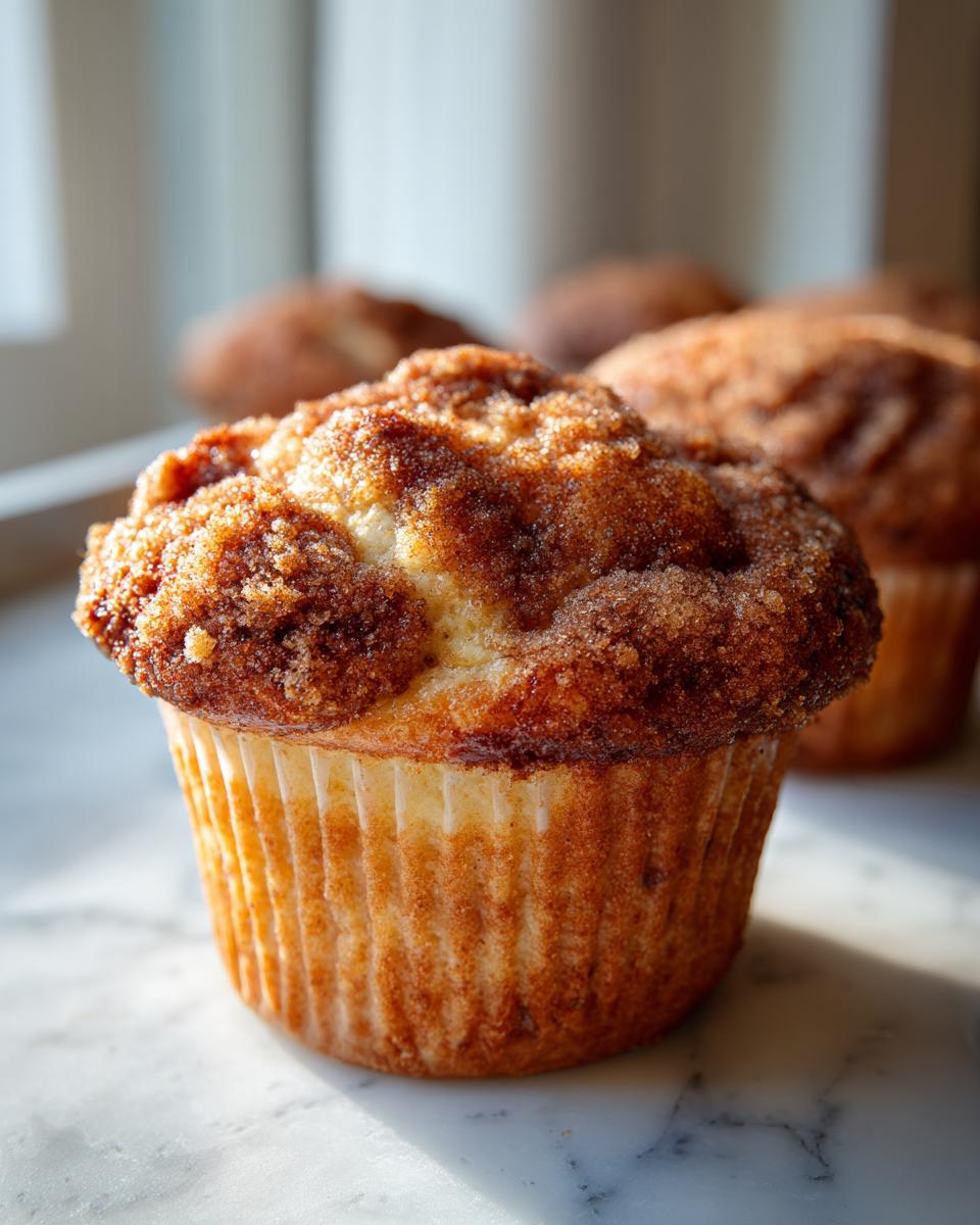 A close-up of one amazing coffee cake muffin featuring a thick, sugary cinnamon streusel topping.
