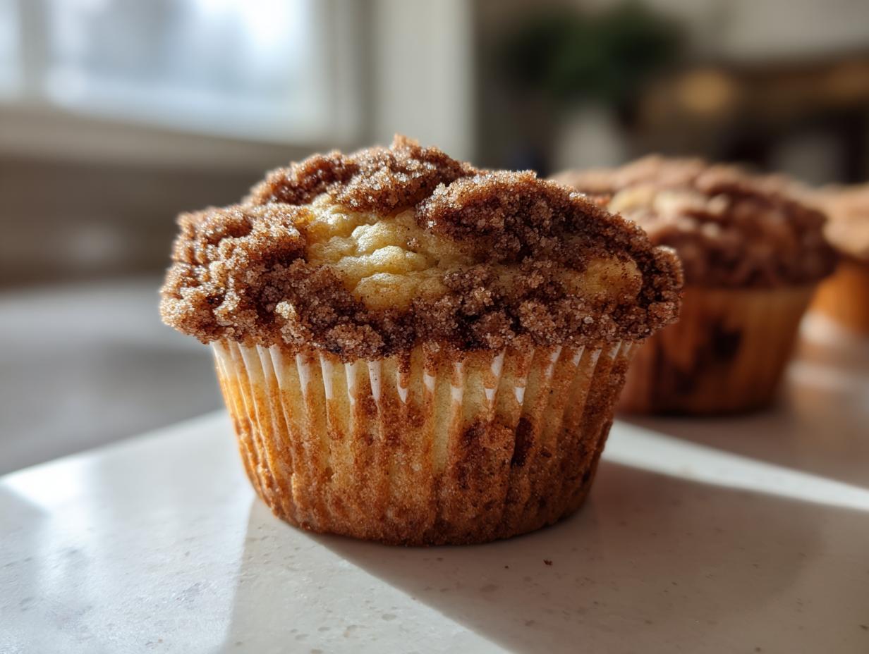 Close-up of a freshly baked coffee cake muffin featuring a thick, sugary cinnamon streusel topping.