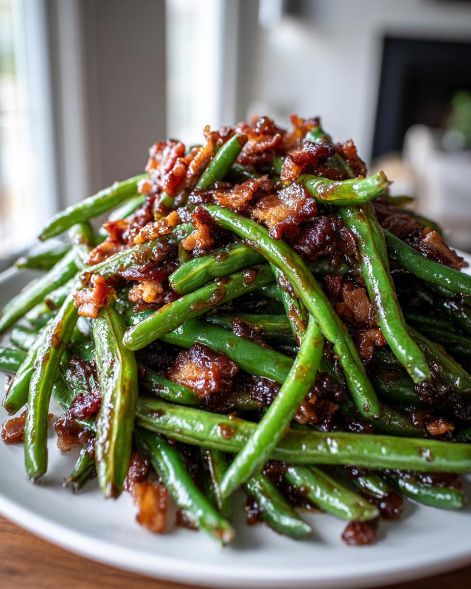 A mound of vibrant green beans tossed in a rich, dark bacon glaze, served on a white plate.