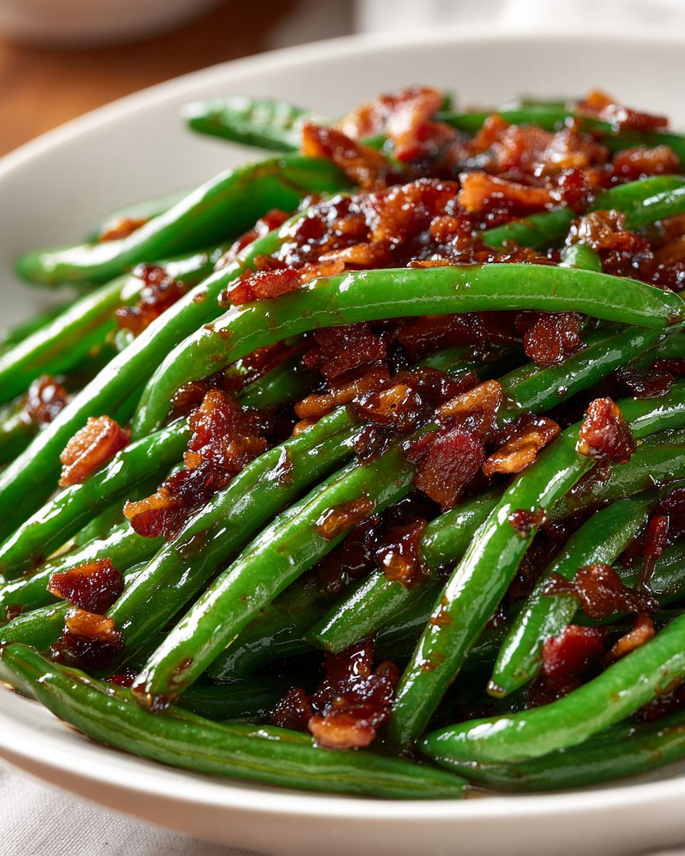 Close-up of vibrant green beans tossed in a savory glaze and topped with crispy bacon bits.