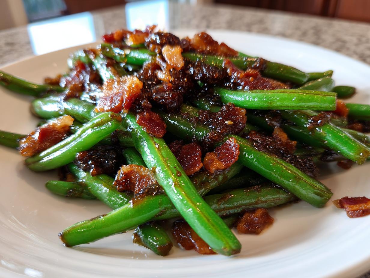 A close-up of bright green beans tossed with crispy bacon pieces and a dark glaze.