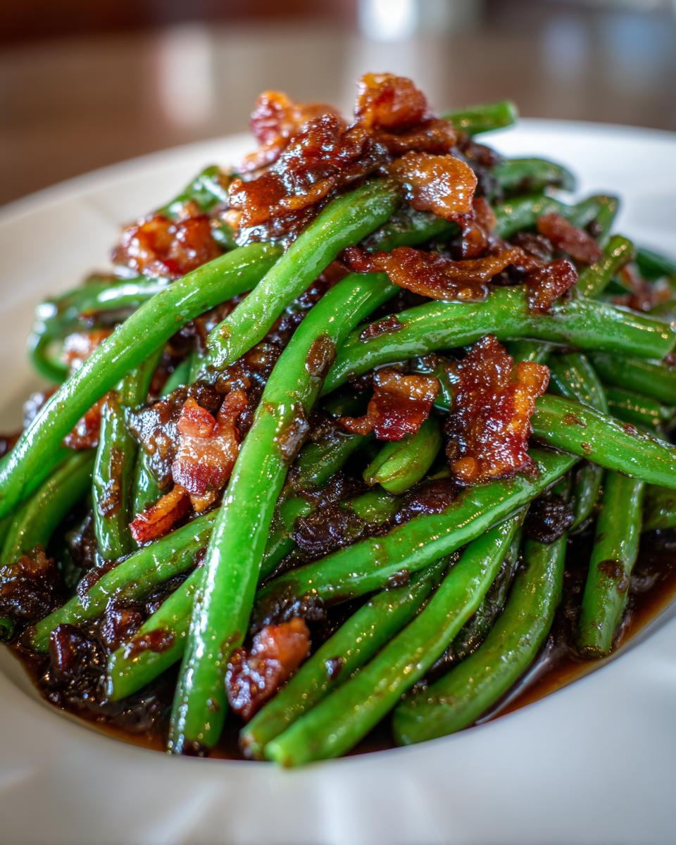 A close-up of vibrant green beans tossed in a dark, savory glaze and topped with crispy bacon pieces.