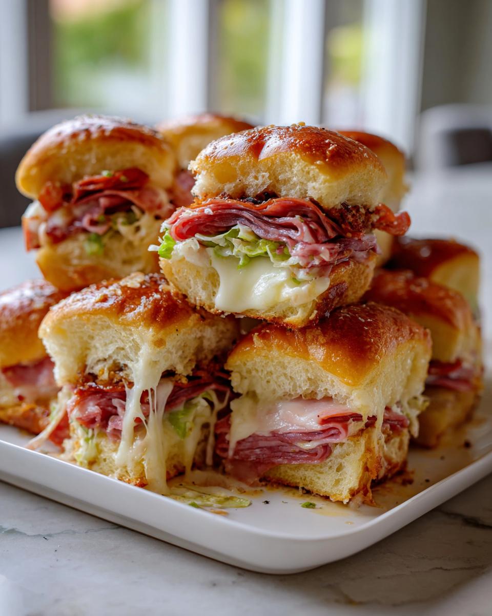 A stack of amazing grinder sliders featuring melted cheese dripping over layers of deli meat and lettuce on soft rolls.