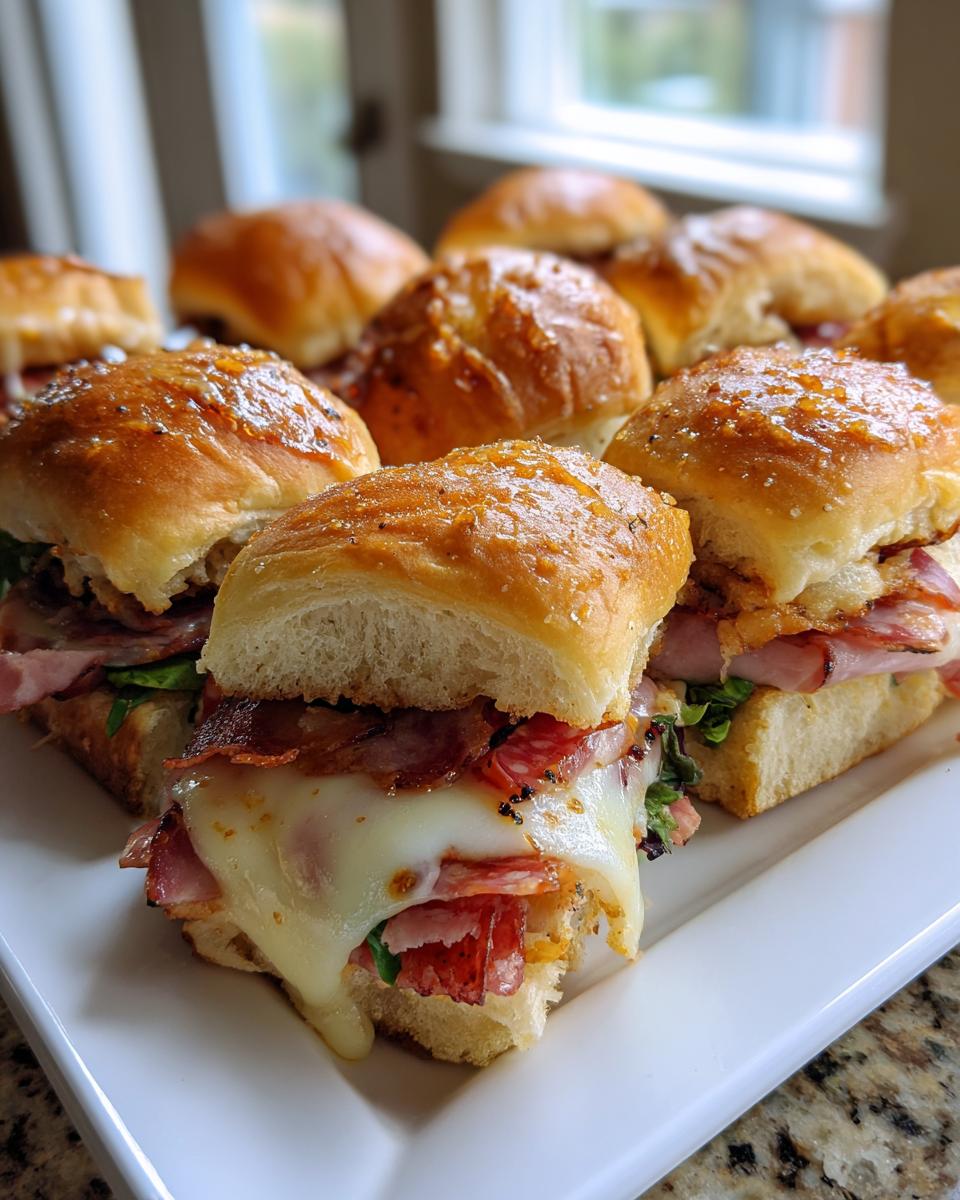 Close-up of several amazing grinder sliders on a white platter, featuring melted cheese, meats, and shiny, glazed buns.