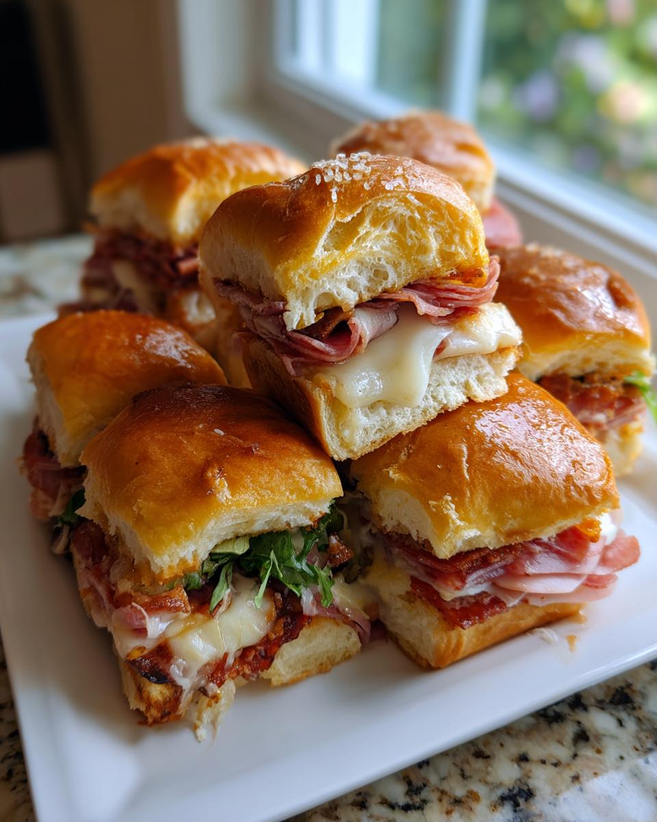 A stack of delicious grinder sliders piled high on a white platter, showing melted cheese and deli meats.
