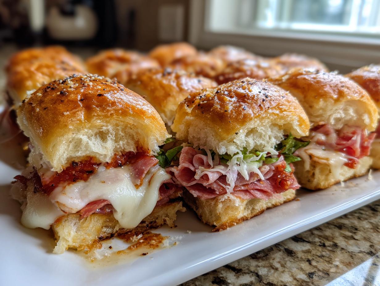 A close-up view of several baked grinder sliders filled with melted cheese, deli meats, and topped with everything bagel seasoning.
