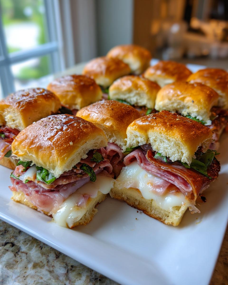 A platter of baked grinder sliders filled with melted cheese, cured meats, and greens.