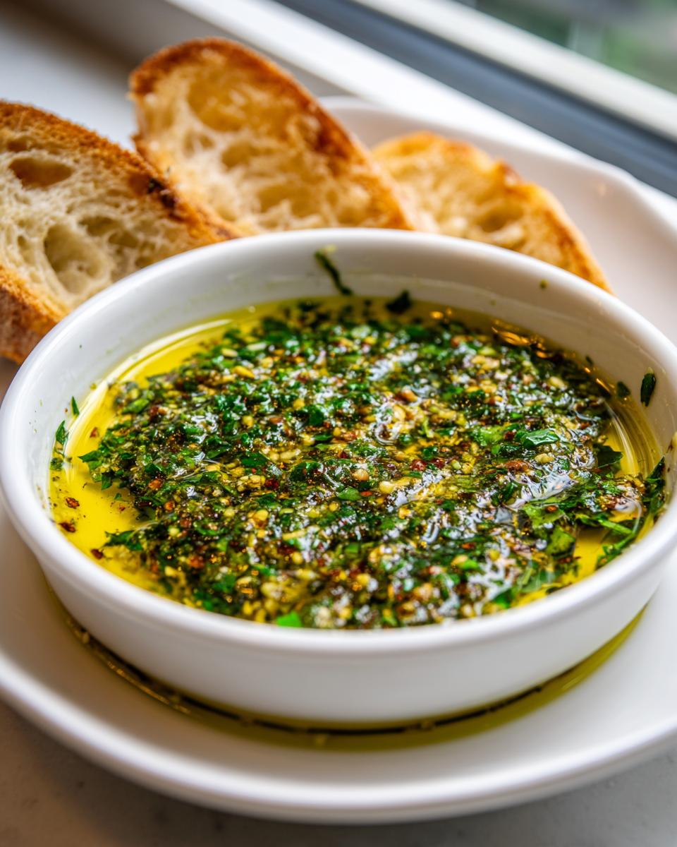 Close-up of a vibrant herb and oil bread dip served with toasted baguette slices.