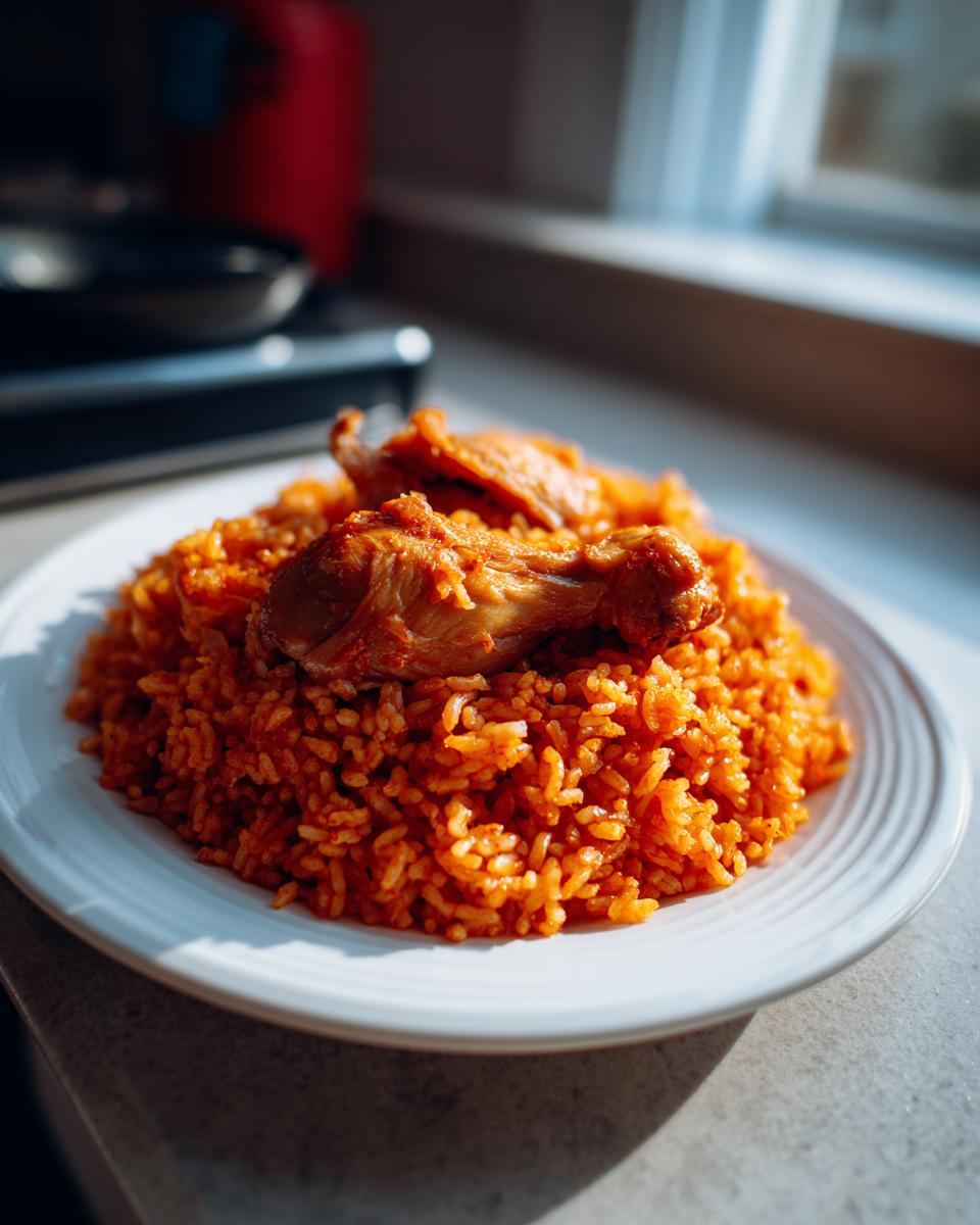 A plate piled high with bright orange jollof rice, topped with two seasoned chicken drumsticks.