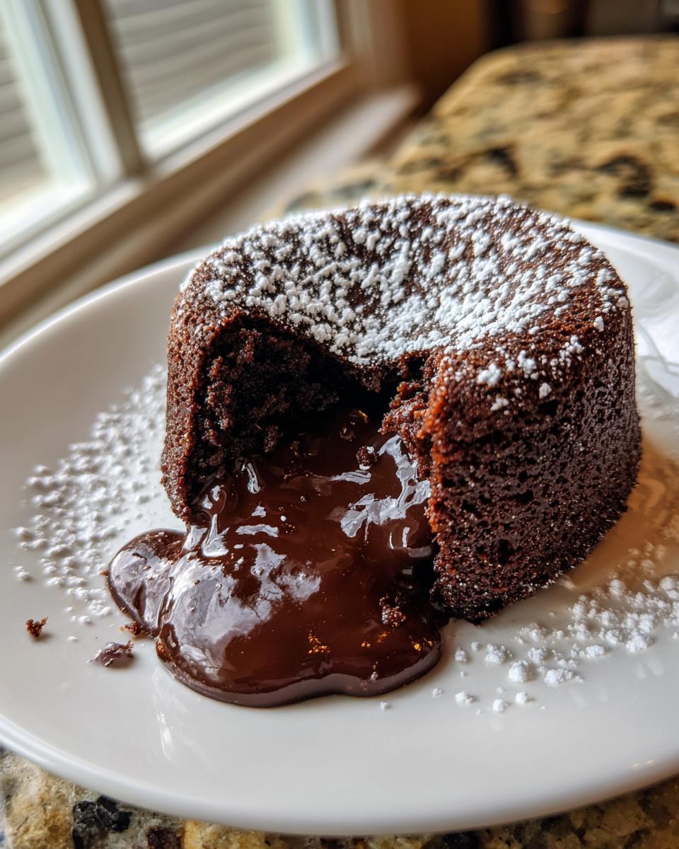 A decadent chocolate lava cake with a piece cut out, showing the molten center oozing onto the plate, dusted with powdered sugar.