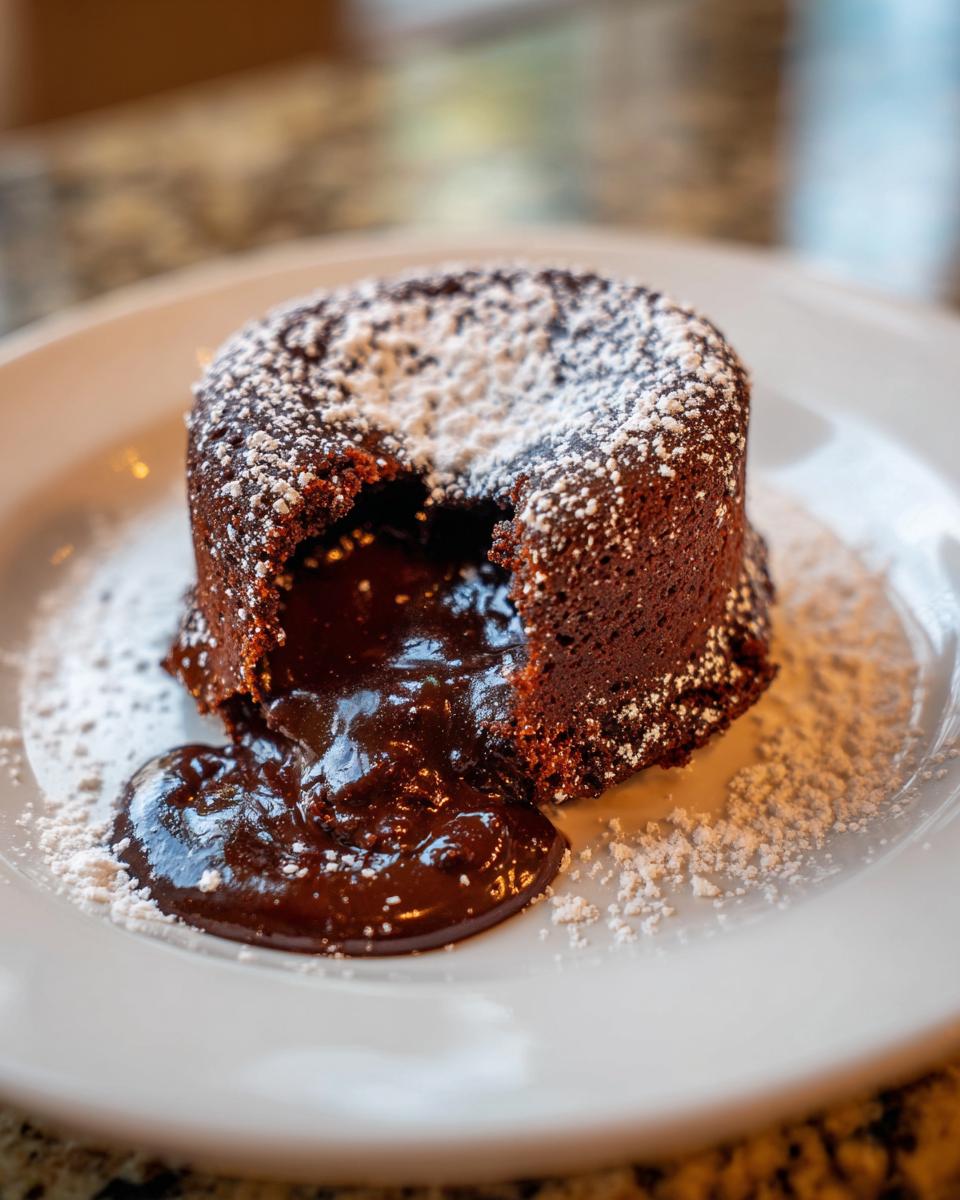 Close-up of a decadent chocolate lava cake with molten center oozing out, dusted with powdered sugar.