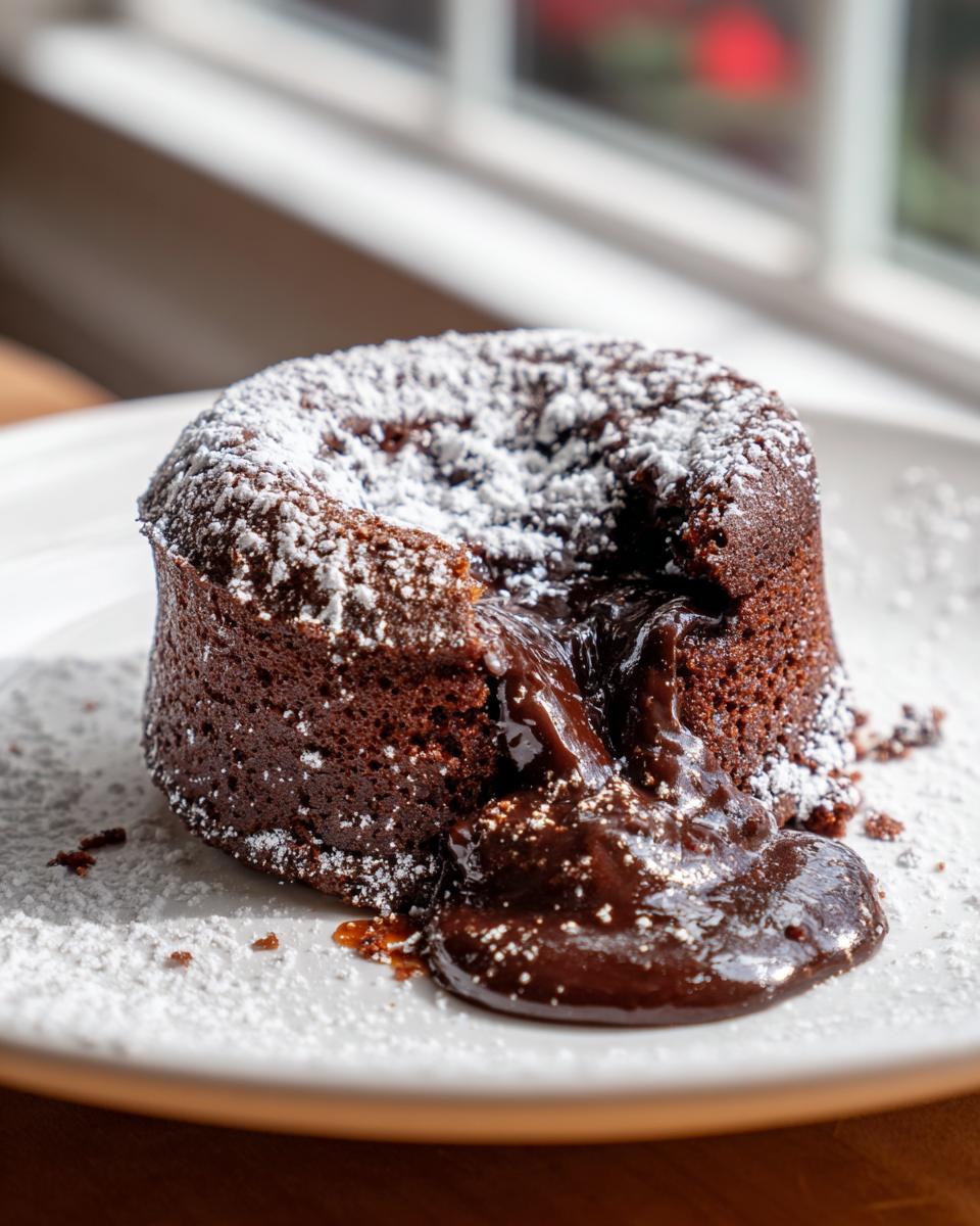 Close-up of a warm lava cake with molten chocolate oozing out, dusted generously with powdered sugar.