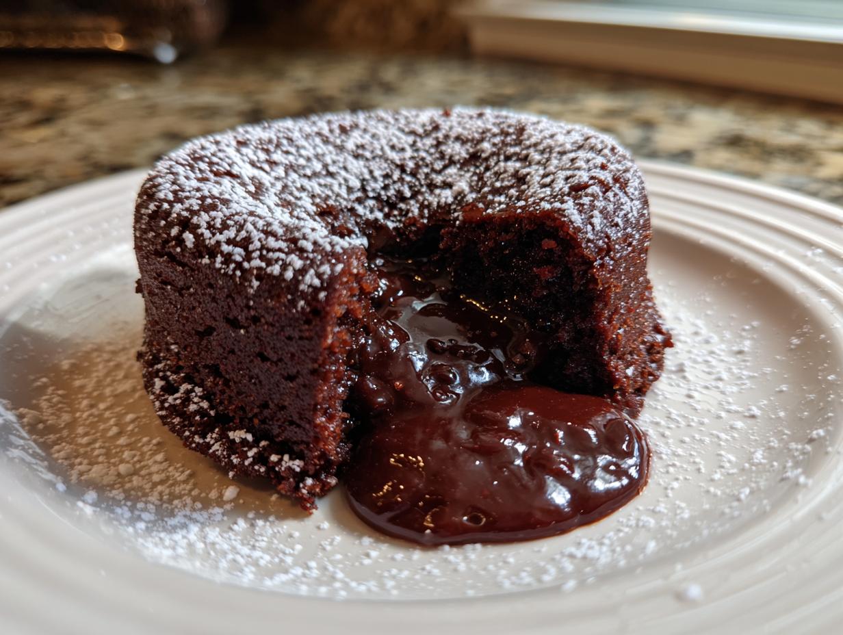 A freshly baked chocolate lava cake cut open to reveal molten chocolate oozing out, dusted with powdered sugar.