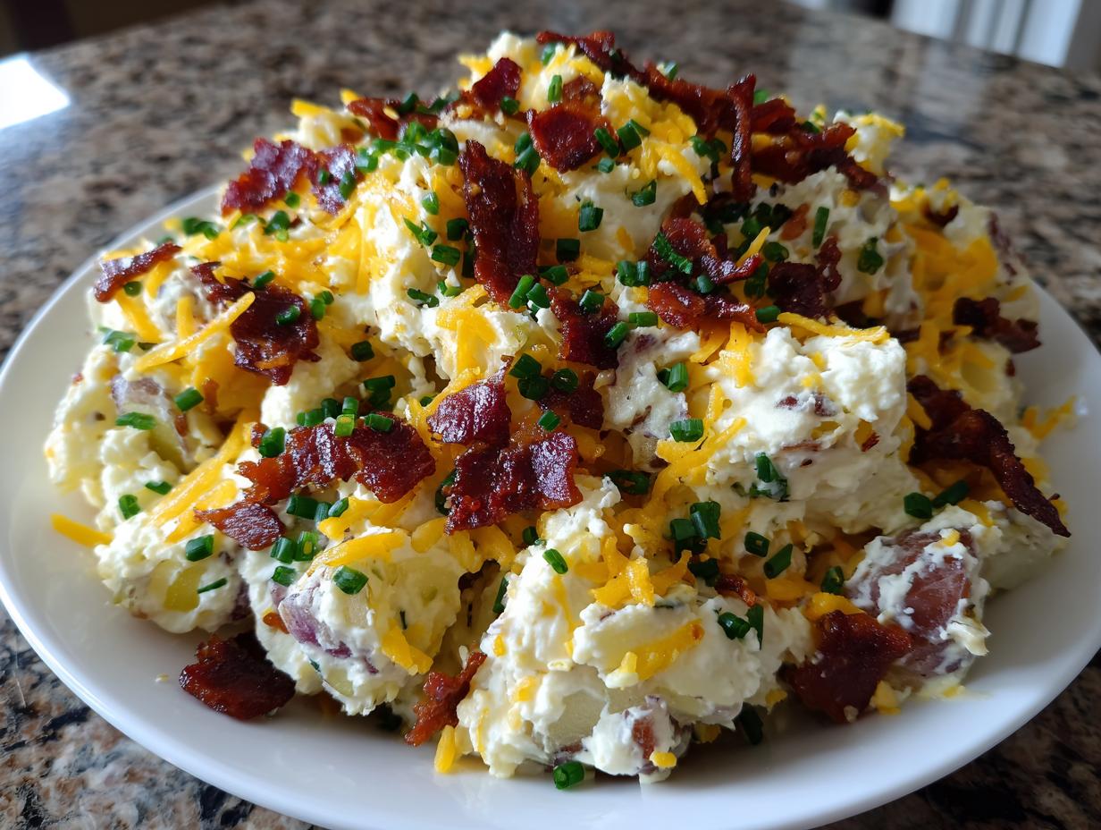 A mound of creamy loaded baked potato salad topped generously with shredded cheddar cheese, crispy bacon bits, and fresh chives.
