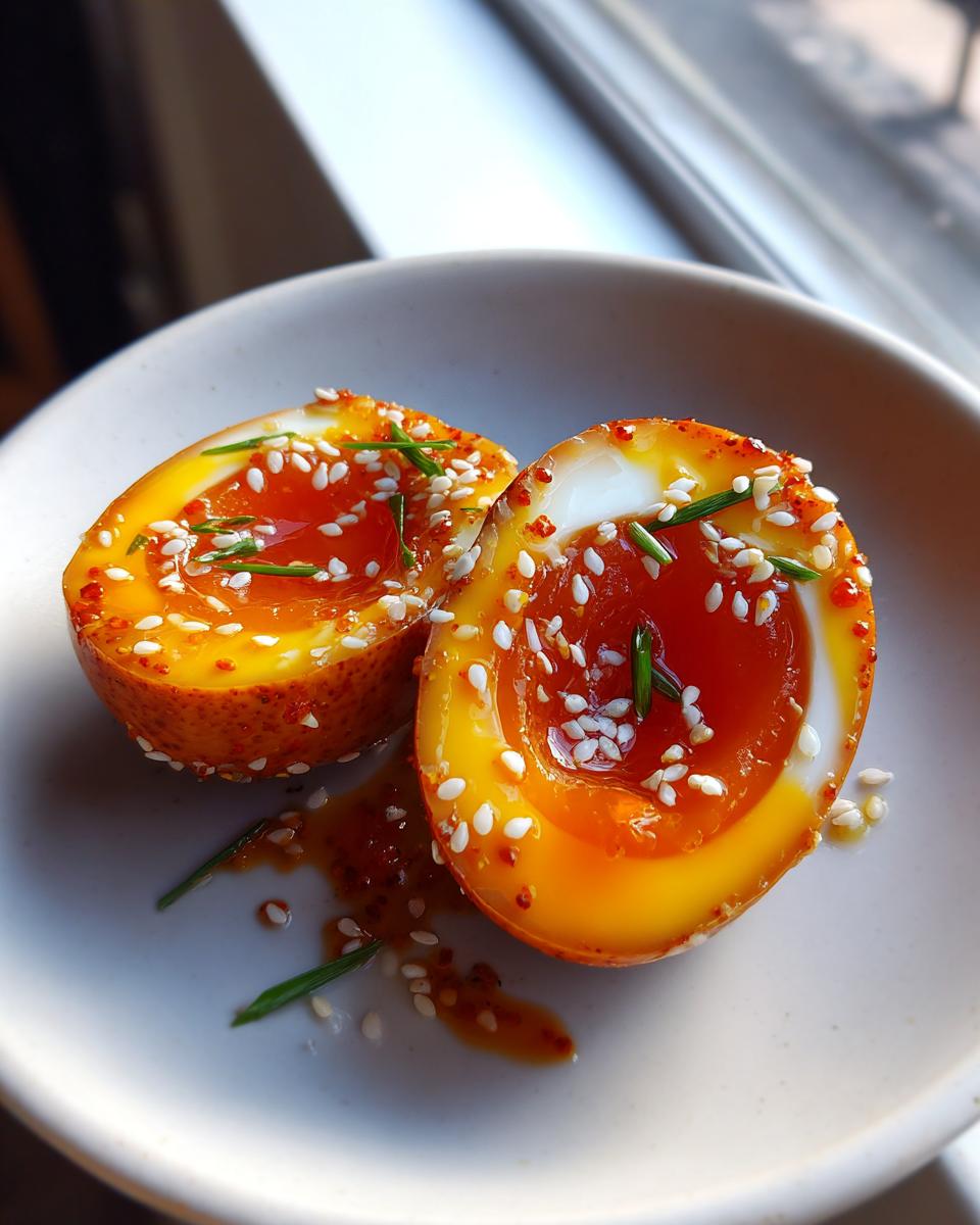 Two halves of beautifully golden marinated eggs with jammy yolks, topped with sesame seeds and chives.