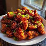 A heaping plate of crispy, glazed orange chicken topped with sesame seeds and sliced green onions.