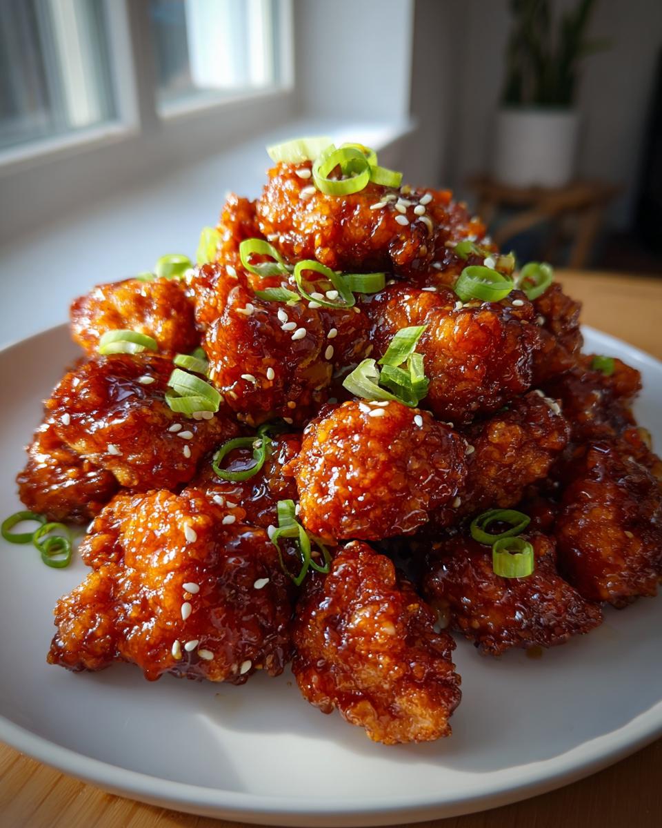 A mound of sticky, glazed orange chicken pieces topped with sesame seeds and sliced green onions.