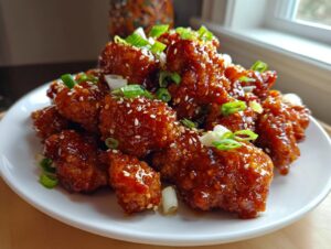 A close-up of crispy, glazed orange chicken piled high on a white plate, garnished with sesame seeds and green onions.