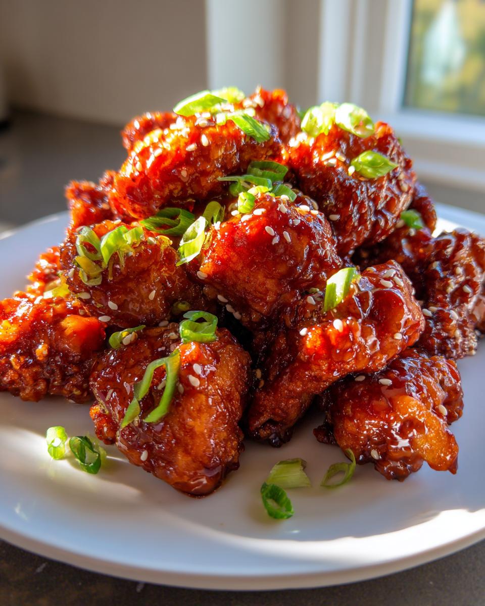 A pile of crispy, glazed orange chicken pieces garnished with sesame seeds and chopped green onions on a white plate.