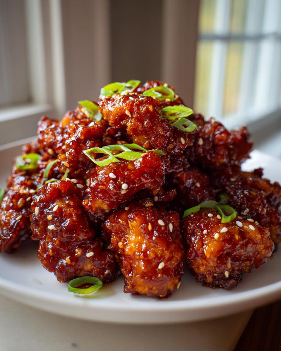 A pile of crispy, glazed orange chicken pieces sprinkled with sesame seeds and green onions on a white plate.