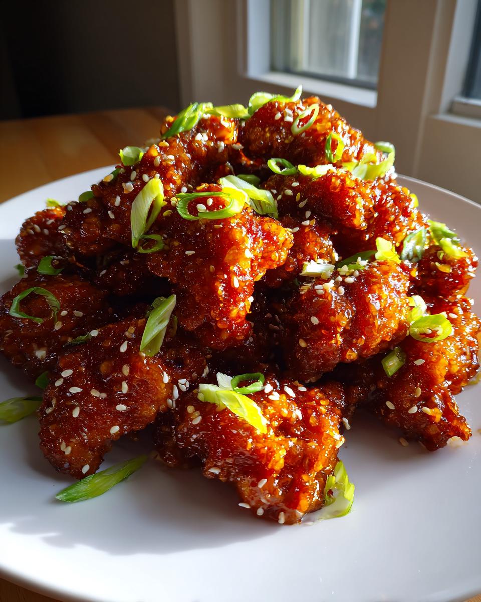 A close-up of a mound of crispy, glazed orange chicken pieces topped with sesame seeds and sliced green onions.